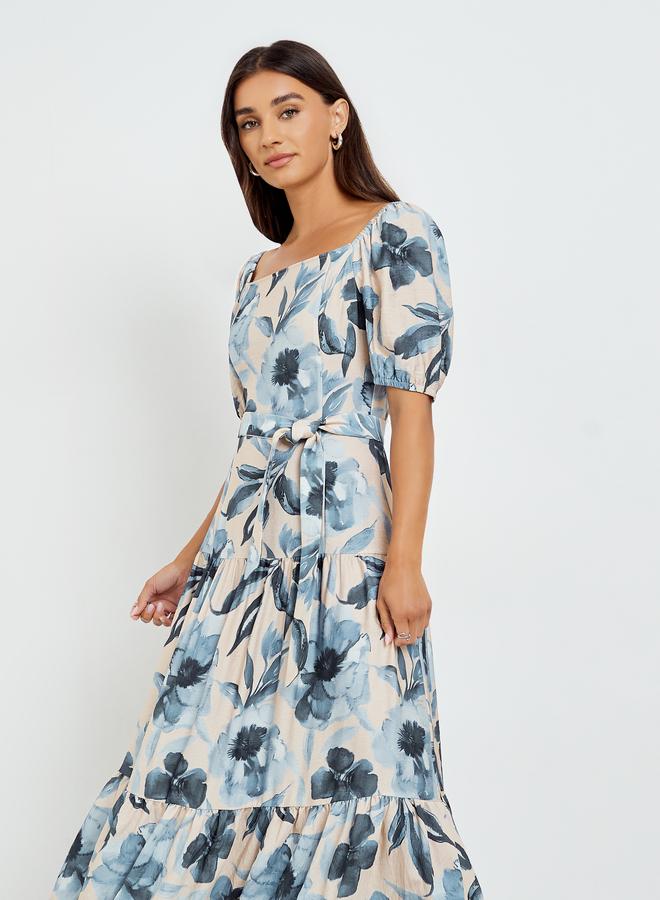 Women Floral Print Puff Sleeve Maxi Dress